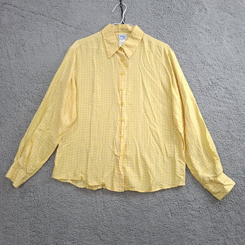 Vtg Bedford Fair Shirt Womens M Silk Butter Yellow Gingham Button Up Blouse Top